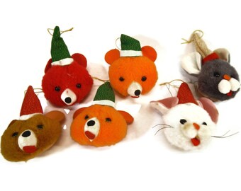 RARE Vintage Ornaments,  CHOICE - set of 2, bear head, mice head Santa hats, Japan, 1960s - Christmas, retro, holiday, tree, Christmas decor