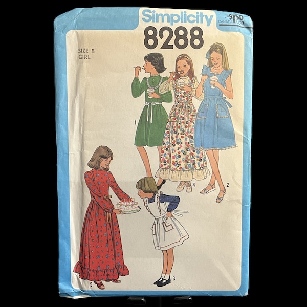 Vintage Simplicity Sewing Pattern 8288 - Girls' Dress & Pinafore in 2 Lengths, and Sundress, Size 8, 1977 -  children's, kids, retro, ruffle