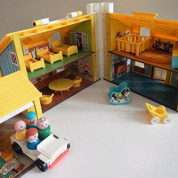 Vintage Fisher Price Play Family House & furniture, 1969, #952 - blue, yellow, little people, retro, child's, toy, kids, children