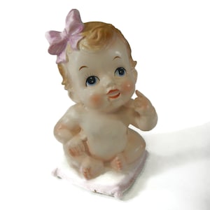 Vintage Velco Baby Girl on Pillow Vase or Planter - ceramic, 3797 - collectible, pink bow, light brown hair, blue eyes, head, nursery decor