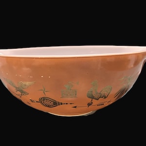 Bol à mélanger vintage Pyrex Early American Cendrillon - années 1960-70, n° 444, grand, 4 pintes, marron, or - verre laiteux, ustensiles de cuisine, ferme, rétro