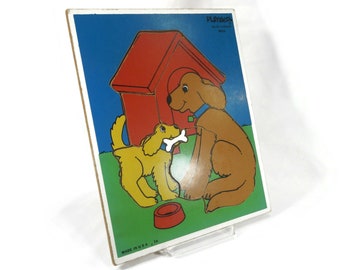 Vintage Playskool Dogs Puzzle - 186-03, wooden, 6 pieces, young children, 1960s, bright colors - doggy, pets, toddler toy, game, complete