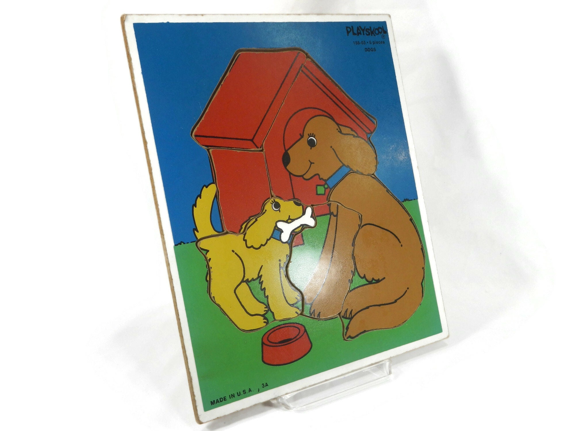Vintage Playskool Dogs Puzzle - 186-03, Wooden, 6 Pieces, Young