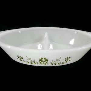 Vintage Glasbake Oval Divided Veggie Dish - white milk glass, green daisy flower, 1960s- serving, bakeware, cookware, kitchen, farmhouse