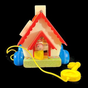 Vintage Fisher Price Goldilocks & the 3 Bears Playhouse Pulltoy - 1967, #151, wood, plastic -collectible, retro, kids, children, toddler toy
