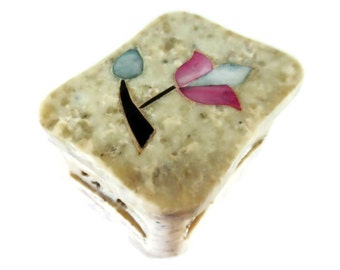 Vintage Soapstone Trinket Box - floral inlay - 1970s - made in India, jewelry box, mother of pearl, flower, vented sides, ring box, coin box