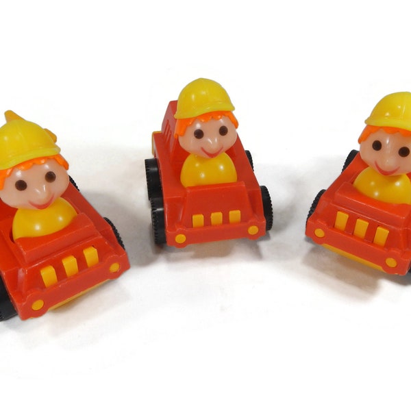 Vintage Toy Construction Trucks, Figures, Set of 3 - Hong Kong, 1970s - vehicles, dump truck, cement truck, bulldozer - children, preschool