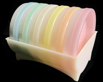 Vintage Tupperware Set of 6 Pastel Coasters, Caddy- Multi-Color, #566, #567- wagon wheel, collectible, mid century modern kitchen, MCM,retro