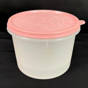 May include: A round, semi-translucent plastic food storage container with a smooth, matte finish. The container features a circular, light pink plastic lid that snaps securely onto the top rim, complete with a small tab for easy opening.