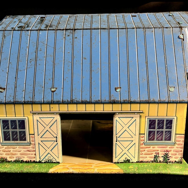 RARE Vintage Marx Happi Time Farm Tin Litho Barn - 1950s, yellow barn with blue roof - retro, mid century toy child's, toy, kids, children