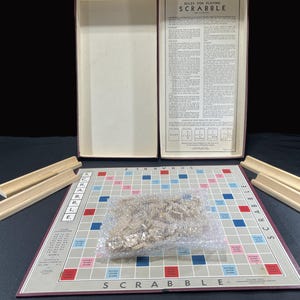 Vintage Scrabble Board Game - Selchow & Righter, 1953 - wood tiles, classic word game, adult, kids, family fun night, craft supply, supplies