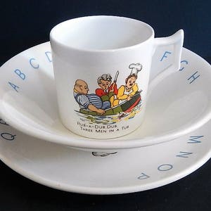 Rare Vintage Child’s ABC’s Plate, Bowl, & Cup Set- Nursery Rhyme, Three Men in a Tub- 1960s- James Kent, Old Foley, Staffordshire, England
