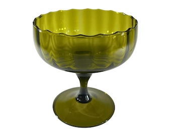 Vintage Empoli Glass Compote or Pedestal Candy Dish - olive green, scalloped edge- mid century, MCM home decor, simple, collectible, avocado