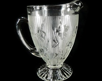 Vintage Iris & Herringbone Water Pitcher - floral, Jeanette Glass Co, clear glass - serving,dining, barware,glassware, collectible,serveware