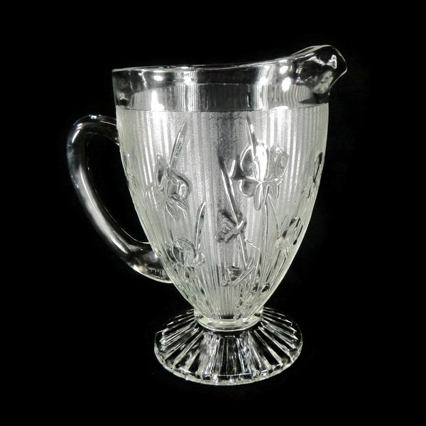Vintage Iris & Herringbone Water Pitcher - floral, Jeanette Glass Co, clear glass - serving,dining, barware,glassware, collectible,serveware