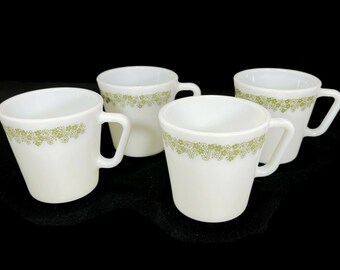 Vintage Pyrex Spring Blossom Mugs- set of 4, Crazy Daisy, 1970s, avocado green, thick glass- coffee, tea, Corelle, Corningware,retro kitchen