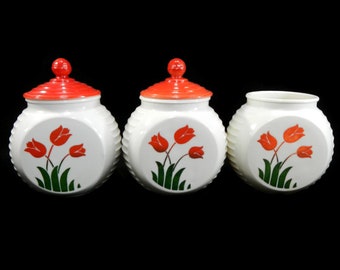 Vintage Fire King Vitrock Grease Jar Canister, Container - CHOICE with/without lid- red tulips, milk glass - 1940s - kitchenware, farmhouse