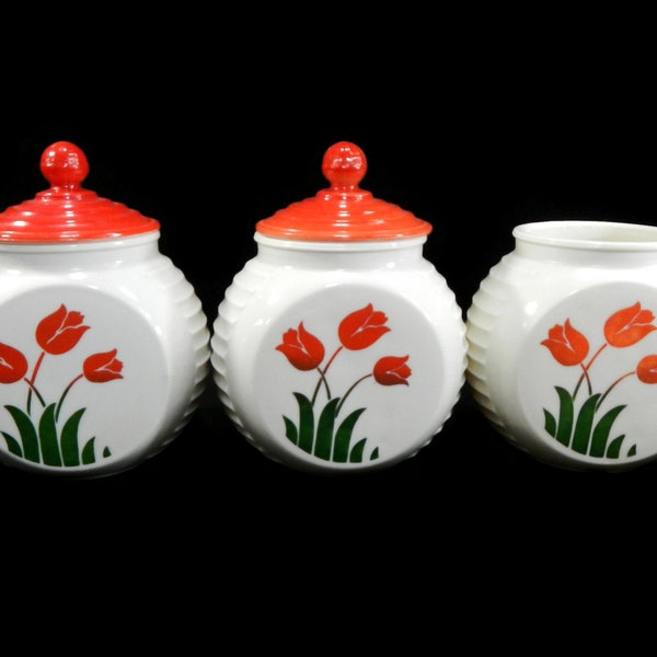Vintage Fire King Vitrock Grease Jar Canister, Container - CHOICE with/without lid- red tulips, milk glass - 1940s - kitchenware, farmhouse