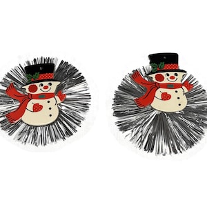 RARE Vintage Christmas Snowman Decorations - silver tinsel, cardboard die-cut, 4.25&quot; diam, Hong Kong - retro, holiday, window/wall decor