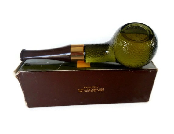 Vintage Avon Pipe Full Tai Winds After Shave green glass 1970s decanter, cologne, smoking, mens, man cave decor, tobacciana, in box Vintage Avon Pipe Full Tai Winds After Shave green glass 1970s decanter, cologne, smoking, mens, man cave decor, tobacciana, in box