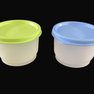 Vintage Tupperware Snack Cups, Lids, Set of 2 - sheer, blue, green, 4 oz, #1229 -lunchbox, kitchen, food storage, craft storage, leftovers