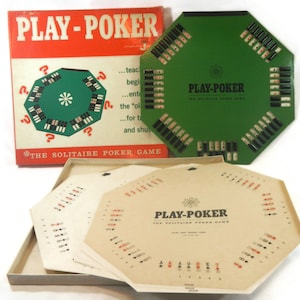 RARE vintage Play Poker Solitaire Poker Game - Jeffco Games - 1961 - jeu de cartes, un joueur, 7 card stud poker, jeu de voyage, complet, pari