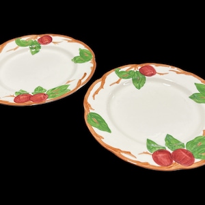 Vintage Franciscan Ware Apple Dinner Plates, Set of 2 - 9.5&quot; diam, 1960s, apples, beige, red, ceramic- dining, kitchen, dinnerware, TV mark