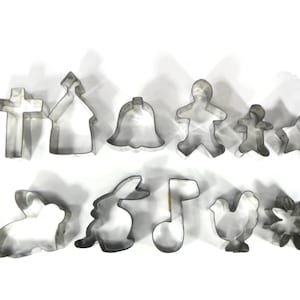Vintage Set of 11 Cookie Cutters - holiday, aluminum, gingerbread man, rabbit, musical note, flower,star, church, cross,bell,chicken, baking
