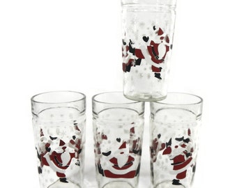 Vintage Set of 4 Dancing Santa Drinking Glasses - thick, heavy clear glass, red, black, white - Christmas holiday, barware,serving, tall,fun