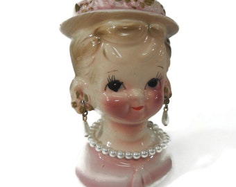 Vintage Little Girl Head Vase or Planter - pink hat, light brown/blonde hair, blue eyes, pearl necklace, earrings - home decor, collectible