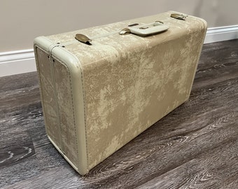 Vintage Samsonite Suitcase or Luggage - off-white, marbled, olive green interior, hard sided, 21"x13"x7.75" - mid century, photo prop, decor