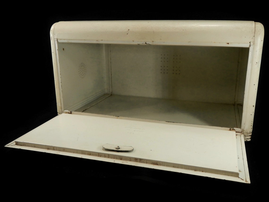 Vintage Metal Bread Box Kreamer Ivory Red Plastic Knob Etsy