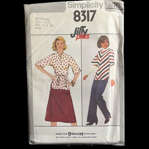 May include: Simplicity sewing pattern number 8317 for a Jiffy Plus top and skirt. The pattern is for sizes 18 and 20 and is designed for stretch knits only.