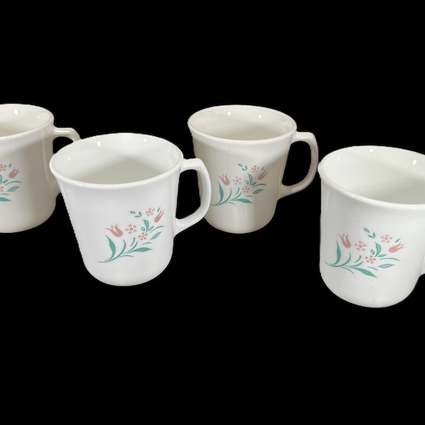 Vintage Corelle Rosemarie Mugs, Cups - set of 4, 1990s, mauve tulip design, floral - coffee, tea, Corningware, retro kitchen, discontinued