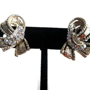 Vintage Gold & Rhinestone Ribbon Clip-On Earrings - clear stones, silvery, retro, costume jewelry, wedding, mid century,dressy,unknown maker