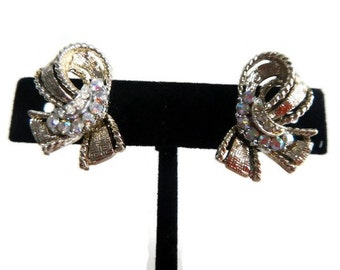 Vintage Gold & Rhinestone Ribbon Clip-On Earrings - clear stones, silvery, retro, costume jewelry, wedding, mid century,dressy,unknown maker