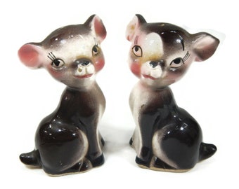 Vintage Deer Salt & Pepper Shakers - baby fawn shakers, dark brown, Japan, ceramic - collectible, kitchen decor, kitsch, kitschy, animal