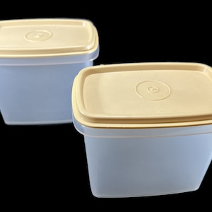 May include: Two clear plastic rectangular storage containers with beige lids. The lids have a slight curve to them.