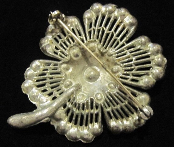 Vintage Rhinestone Flower Brooch Pin - clear, sil… - image 3