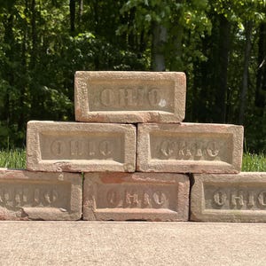 May include: A stack of six weathered, rectangular bricks. Each brick is a light reddish-brown color and has the word "OHIO" embossed on its surface. The bricks are arranged in a pyramid shape against a backdrop of green foliage.