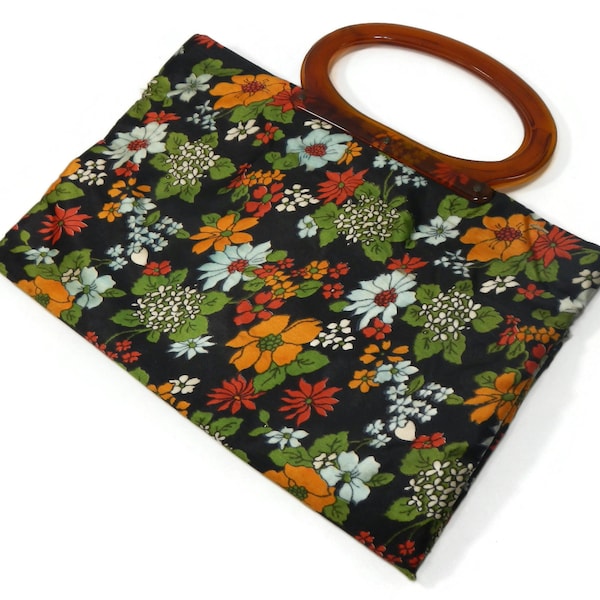 Vintage Folding Market Bag - floral, faux tortoise shell, lucite handles, black, red, orange, green, snap - tote, purse, handbag, flowers