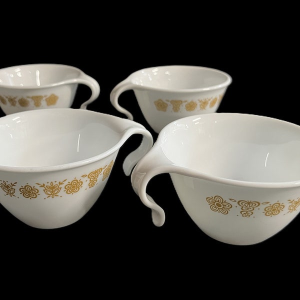 Vintage Corelle Butterfly Gold Coffee Cups, set of 4 - hook handle, by Corning, 1970s - tea, retro kitchen, replacement, stack, hang