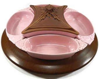 RARE Vintage Miramar of California 973 Buffet Serving Set - pink, brown, pottery, wood lazy susan, 4 dishes, 1 covered- MCM, server, platter