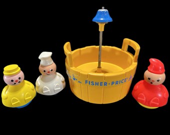 Vintage Fisher Price Three Men in a Tub Toy - yellow tub, 3 figures, #142, 1970s, bathtub toy- retro, child, toddler toy, preschool, pretend