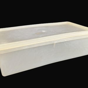 May include: A rectangular, translucent plastic container with a matching lid. The container has a slightly off-white color and a simple, functional design. The lid fits snugly, suggesting a good seal for food storage.