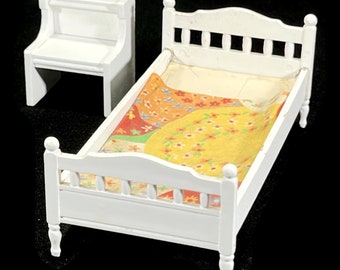 Vintage Lundby Dollhouse Bed & Stand - wood, Nocturne 7266, white, bedside table 7104, 1970s - collectible, doll house furniture, nightstand
