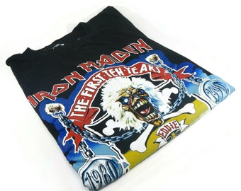 RARE Vintage Iron Maiden Concert Tour T Shirt - The First Ten Years, Up the Irons, 1990 -size XL, black, cotton -heavy metal, retro clothing