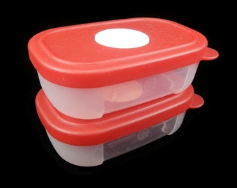 Vintage Tupperware FreezeSmart Mini 1 with Lids, Set of 2 - rectangle, sheer, red, #4160 - plastic container, food storage, kitchen, pantry