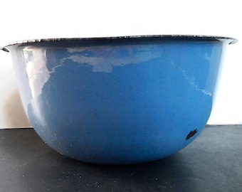Vintage Blue Enamelware Mixing Bowl - country blue, black trim, 12" diam, 1920-1940 - antique, farmhouse,rustic, kitchen,cottage chic,chippy