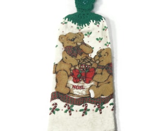 Vintage Christmas Theme Hanging Kitchen Towel, Crochet Top - bears, Noel, brown, green, red, 1960s - retro, holiday decor, hang on stove